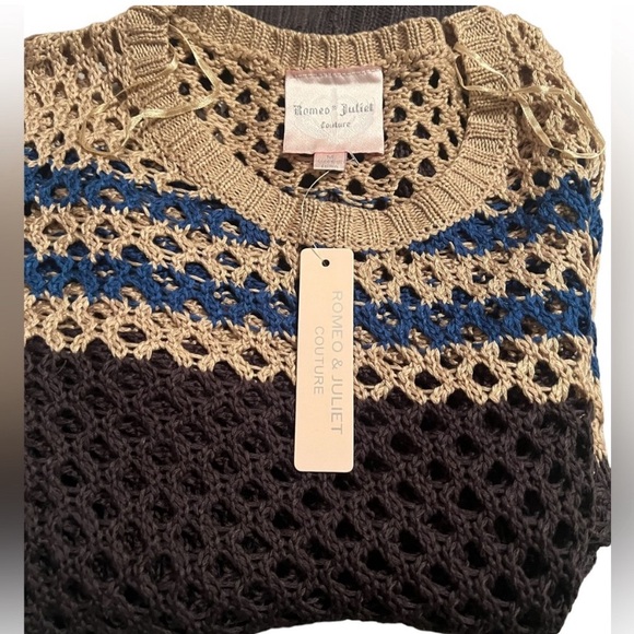 Romeo & Juliet Couture Charcoal/Tan/Blue Open Knit Long Sleeve Sweater Size S - Picture 3 of 6